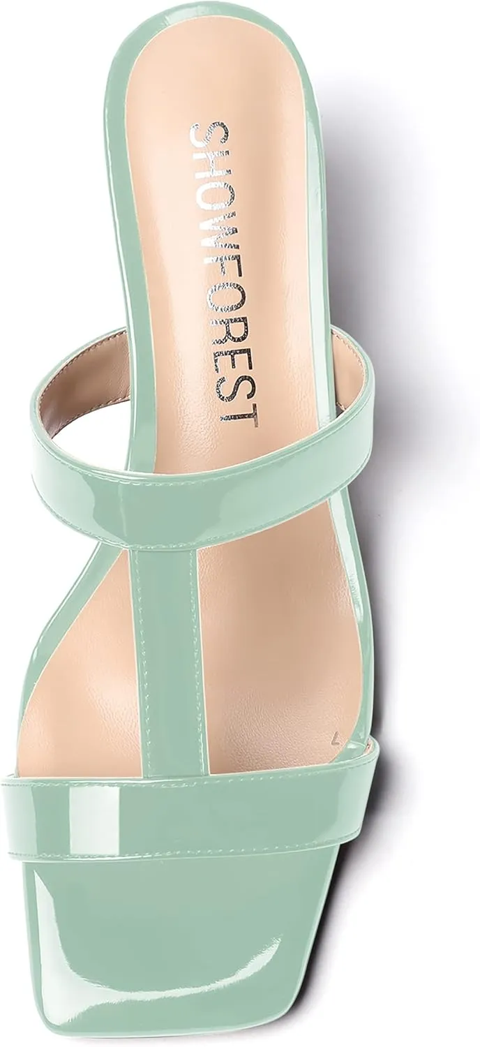 SHOWFOREST Women's Slip On Summer Cut Out Patent Open Toe Dress Square Toe Wedge Low Heel Sandals 2 Inch