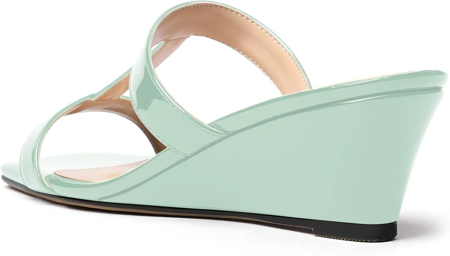 SHOWFOREST Women's Slip On Summer Cut Out Patent Open Toe Dress Square Toe Wedge Low Heel Sandals 2 Inch