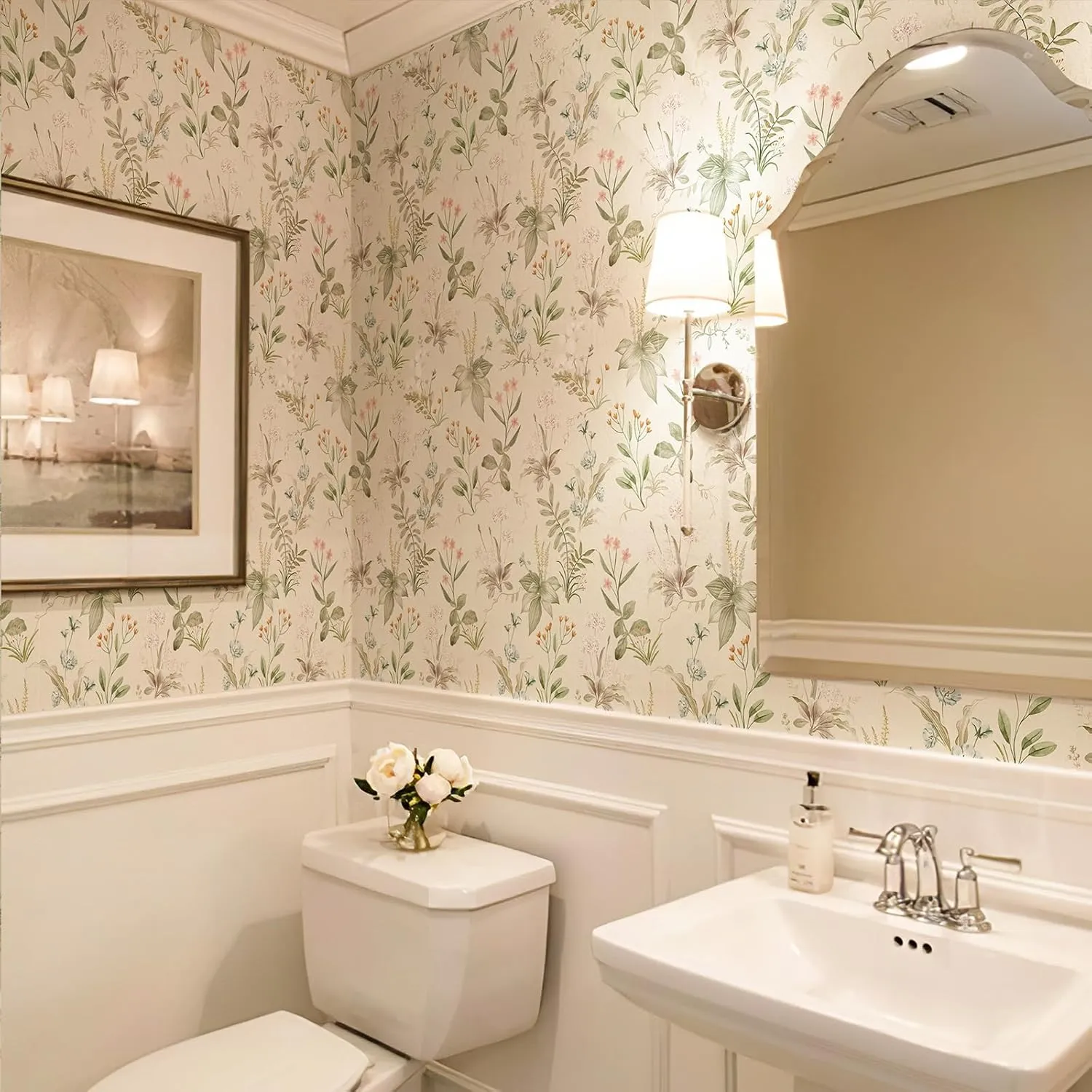 Simon&Siff Vintage Wallpaper Peel and Stick Beige Floral Contact Paper Wildflowers Botanical Wall Paper Removable Renter Friendly Wallpaper 17.3in x 40ft