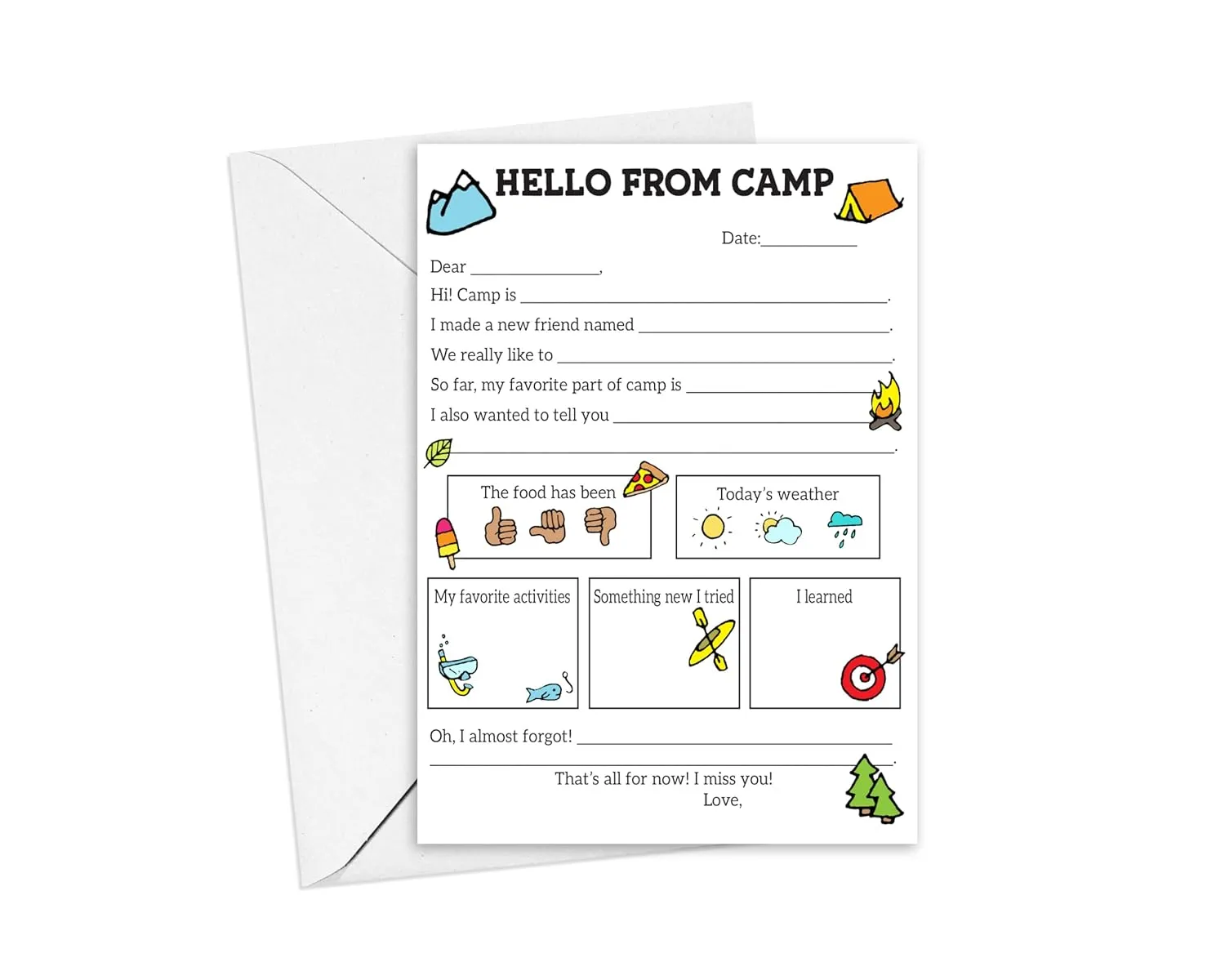 Sleepaway Camp Flat Cards for Campers, 5x7 Size, Stationery for Sleepaway Camp for Boys and Girls, Fill in the Blank and Circle your Icon, Set of 10 Cards and Envelopes 24-43 (Not Personalized)