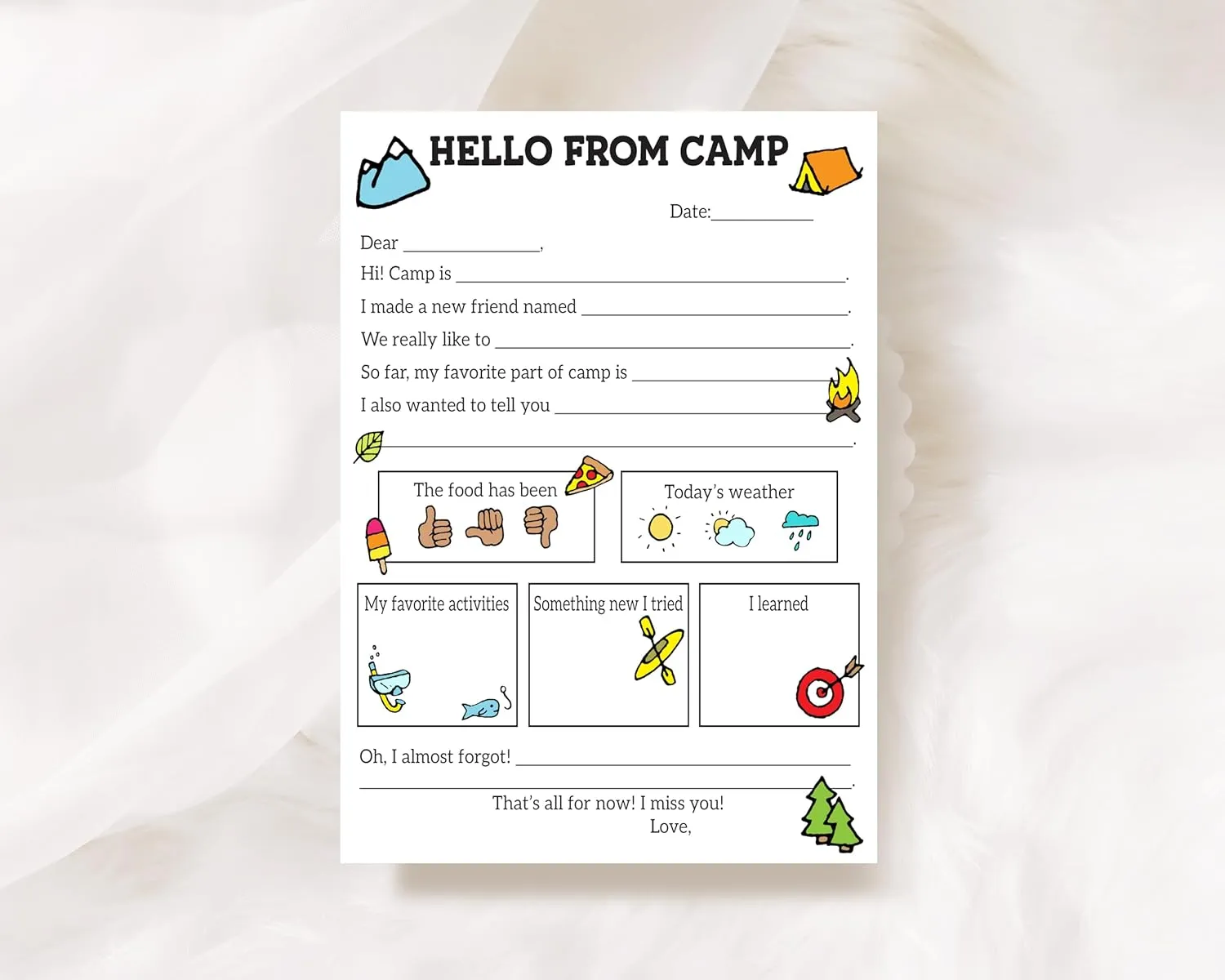 Sleepaway Camp Flat Cards for Campers, 5x7 Size, Stationery for Sleepaway Camp for Boys and Girls, Fill in the Blank and Circle your Icon, Set of 10 Cards and Envelopes 24-43 (Not Personalized)