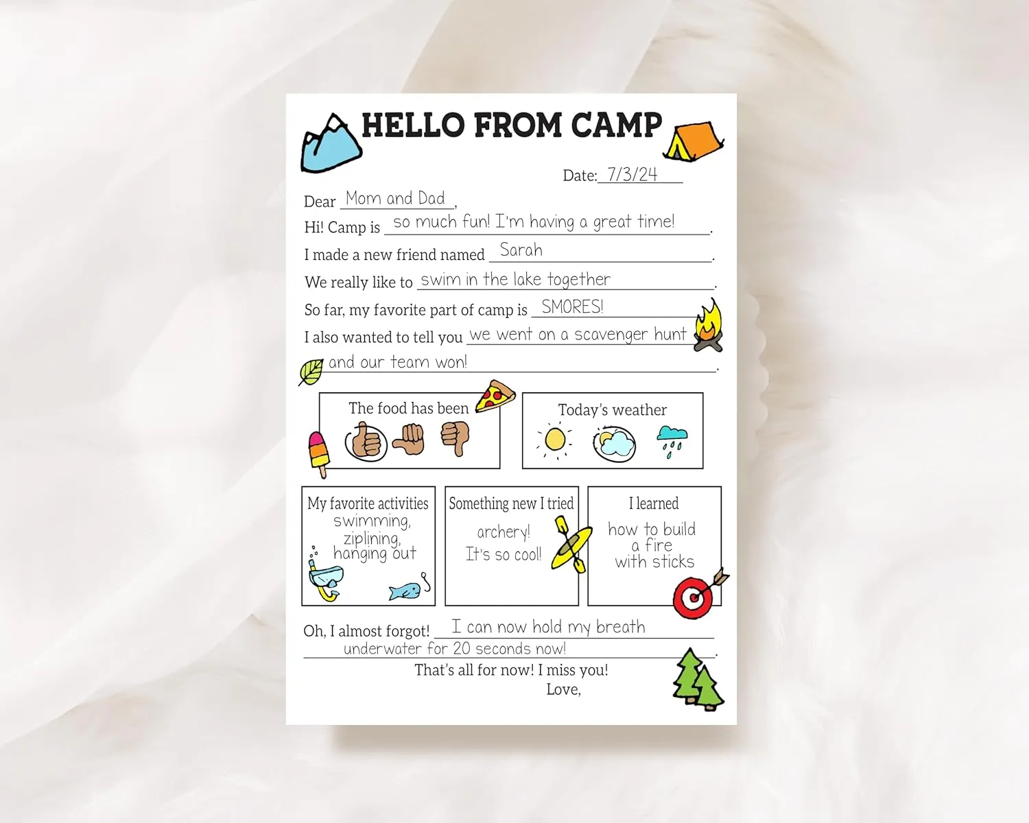 Sleepaway Camp Flat Cards for Campers, 5x7 Size, Stationery for Sleepaway Camp for Boys and Girls, Fill in the Blank and Circle your Icon, Set of 10 Cards and Envelopes 24-43 (Not Personalized)