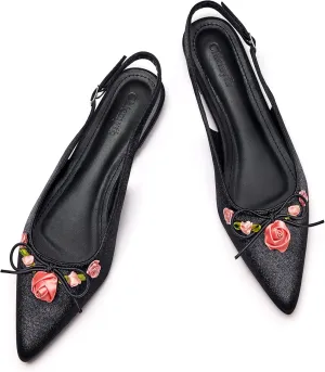 Slingback Flats;Closed Pointed Toe Flat Sandals;Floral Fashion Women Flats