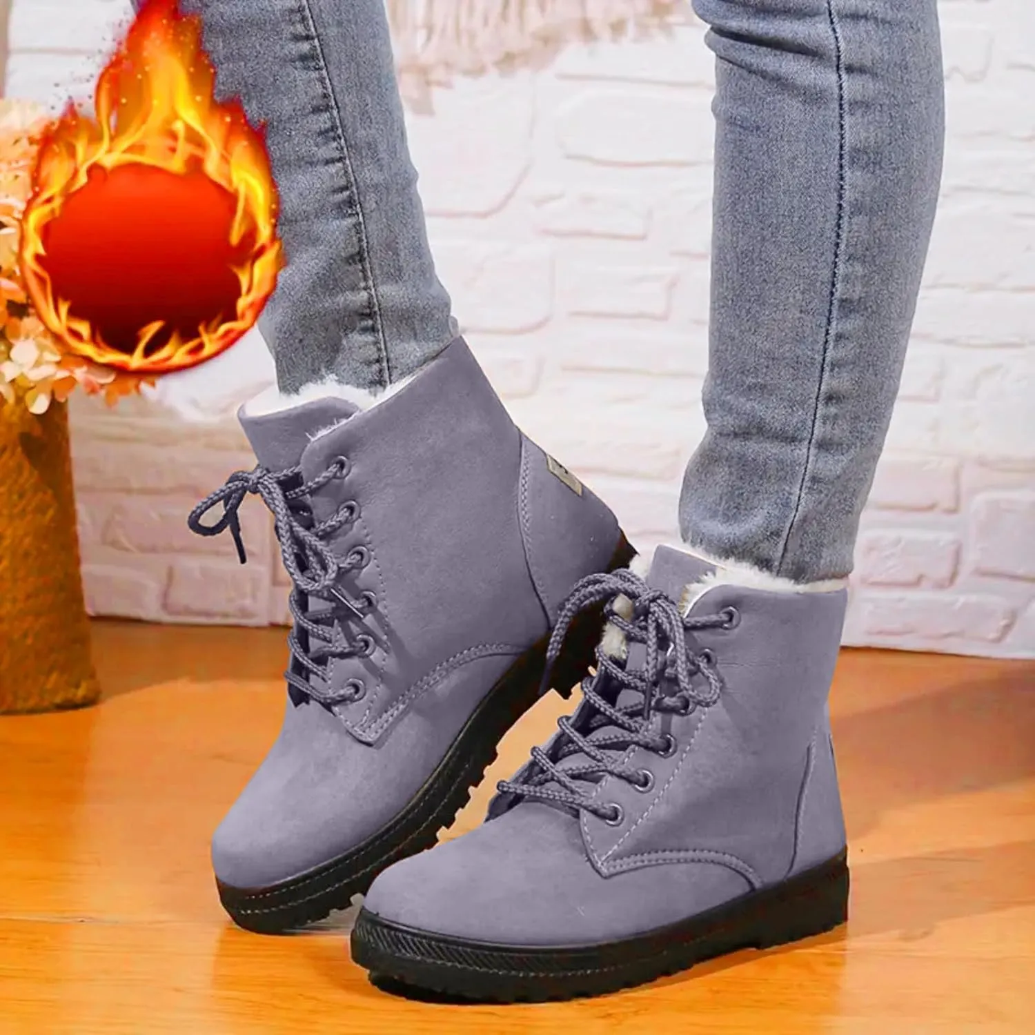 Snow Boots For Women Waterproof Platform Boots for Women Chunky Heel Warm Round Toe Lace Up Flat Short Snow Boots