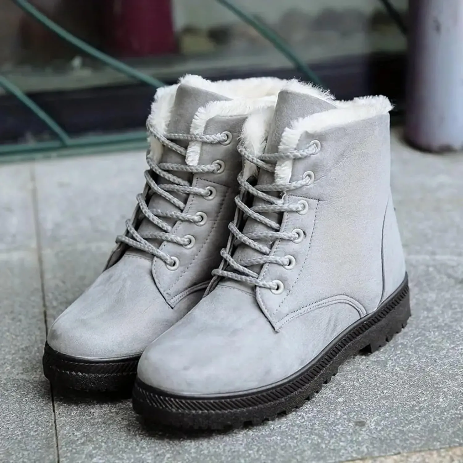Snow Boots For Women Waterproof Platform Boots for Women Chunky Heel Warm Round Toe Lace Up Flat Short Snow Boots