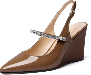 Soireelady Women High Heel Wedges Pointed Toe Heeled Sandals Slingback Wedge Heel Pumps Crystal Strap Buckle Heels Elegant Wedding, Party Dress Shoes
