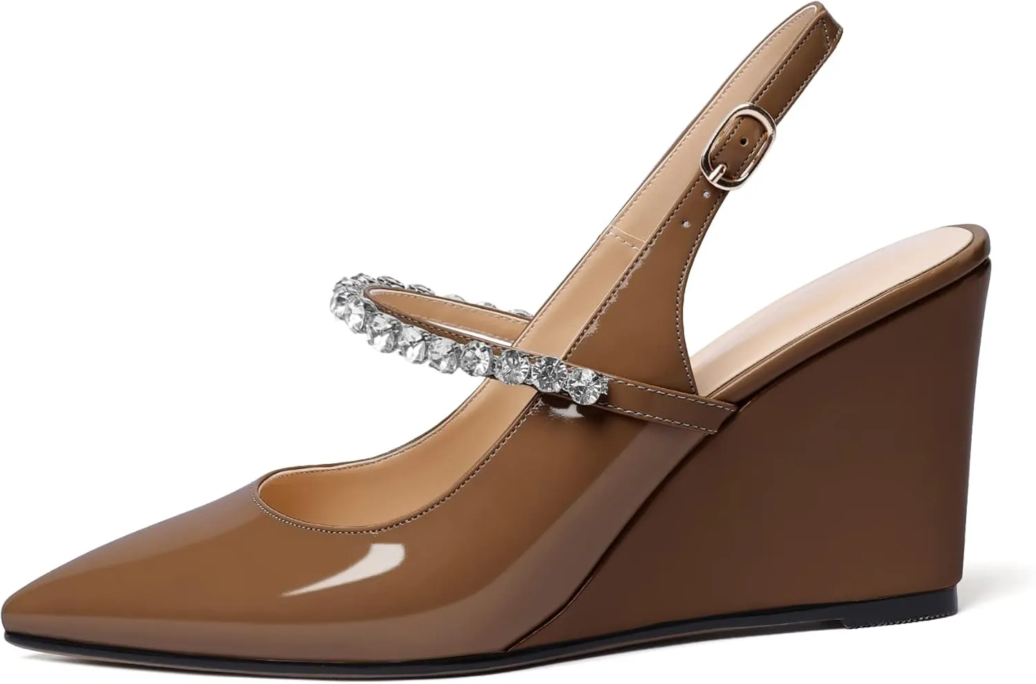 Soireelady Women High Heel Wedges Pointed Toe Heeled Sandals Slingback Wedge Heel Pumps Crystal Strap Buckle Heels Elegant Wedding, Party Dress Shoes