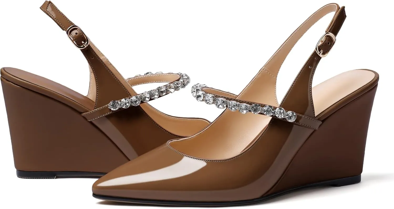 Soireelady Women High Heel Wedges Pointed Toe Heeled Sandals Slingback Wedge Heel Pumps Crystal Strap Buckle Heels Elegant Wedding, Party Dress Shoes