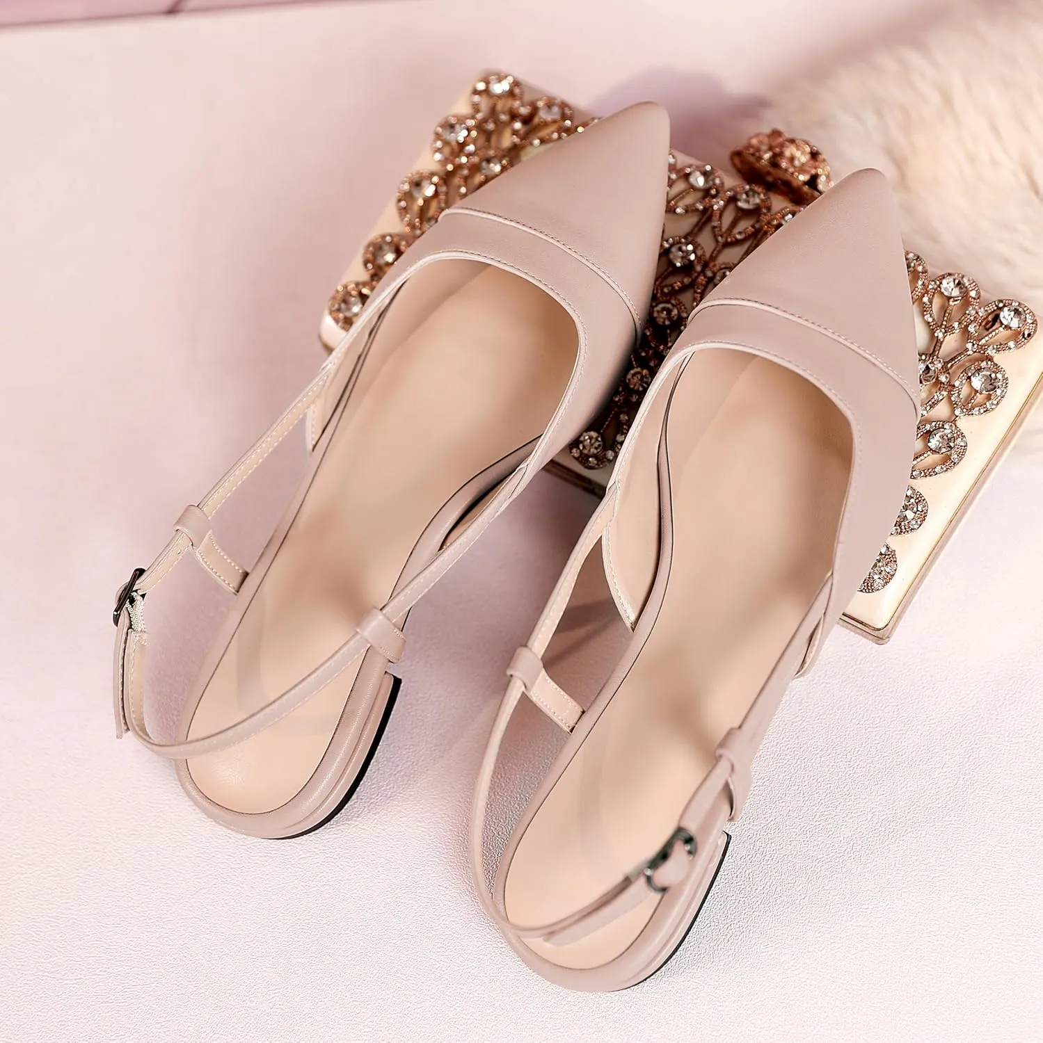 Soireelady Women's Slingback Flats, Closed Pointed Toe 2CM Ballet Flats, Cap Toe Comfortable Casual Flat Office Dressy Shoes