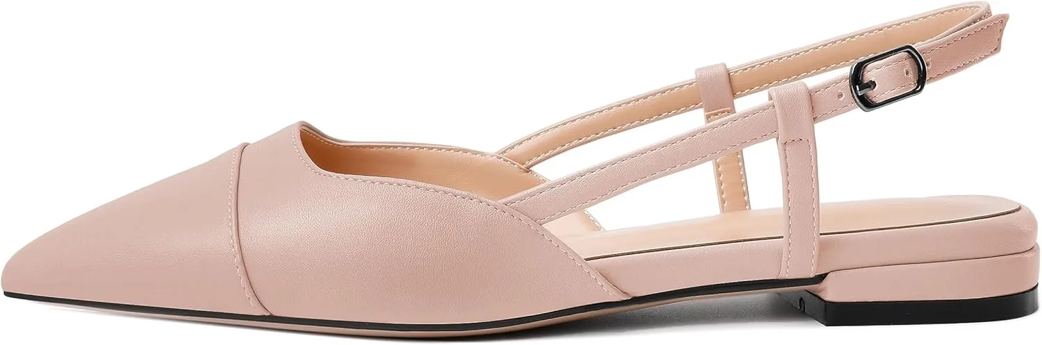 Soireelady Women's Slingback Flats, Closed Pointed Toe 2CM Ballet Flats, Cap Toe Comfortable Casual Flat Office Dressy Shoes