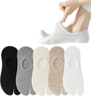 Split-Toe No-Show Socks, Non-Slip Silicone Grip, 5 Pairs, Assorted Colors