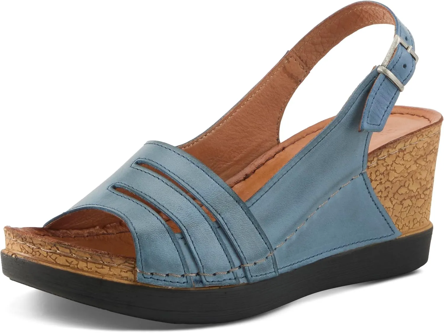 Spring Step Women's KELSY Leather Buckle Slingback Wedge Sandals - Premium Materials, Adjustable Fit, Made in Turkey