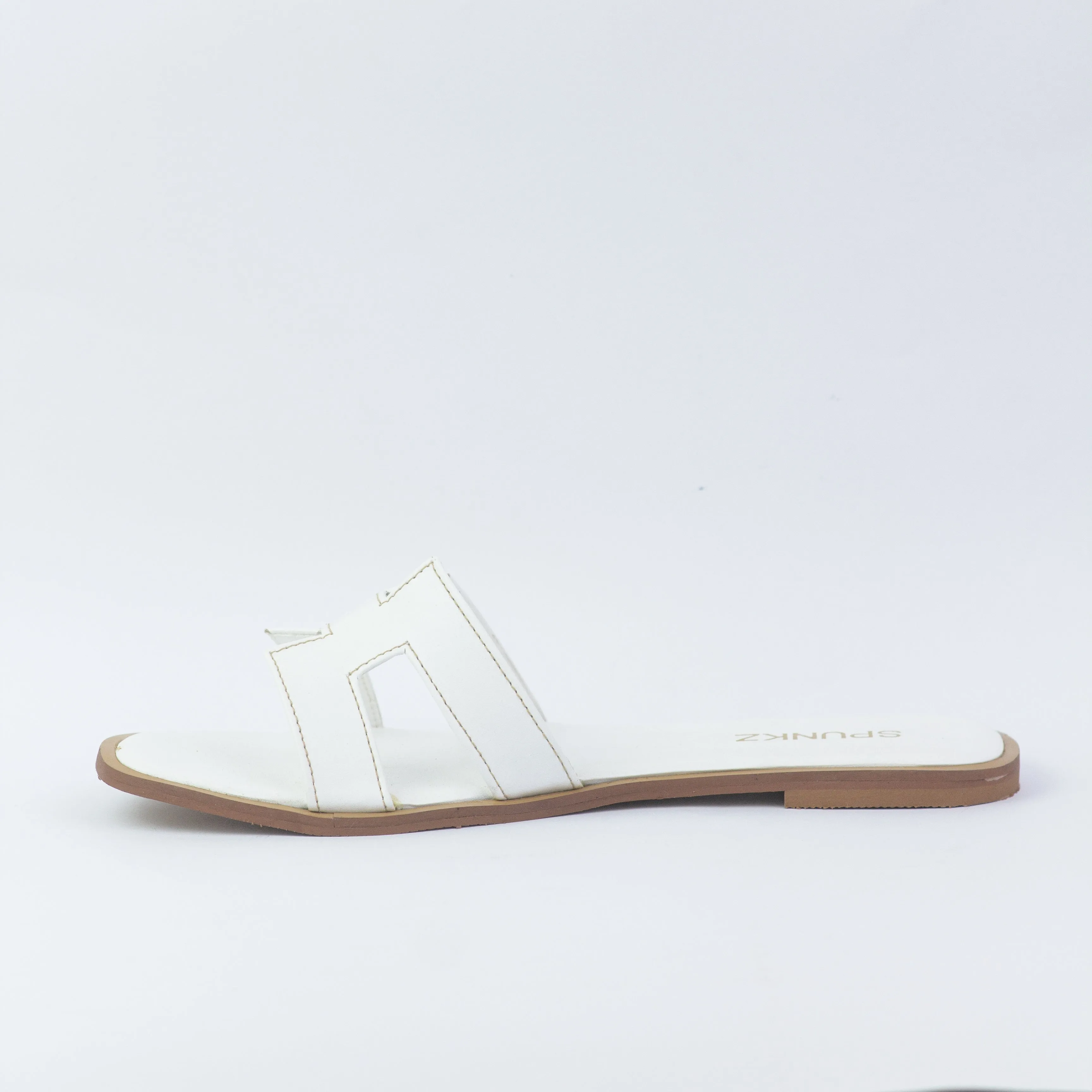 Spunkz Hania Iconic White "H" Cut-Out Flat Slides-11058