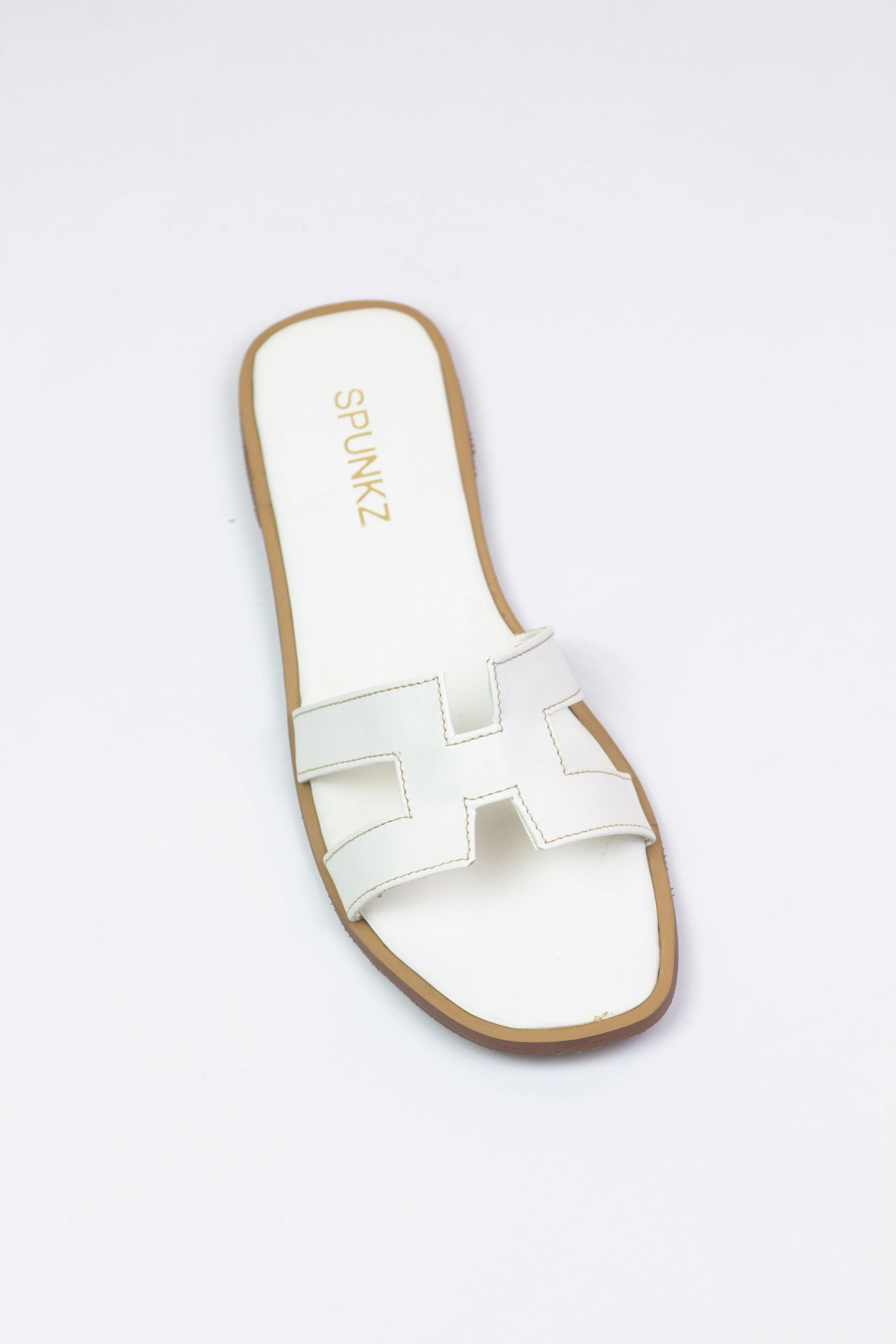 Spunkz Hania Iconic White "H" Cut-Out Flat Slides-11058