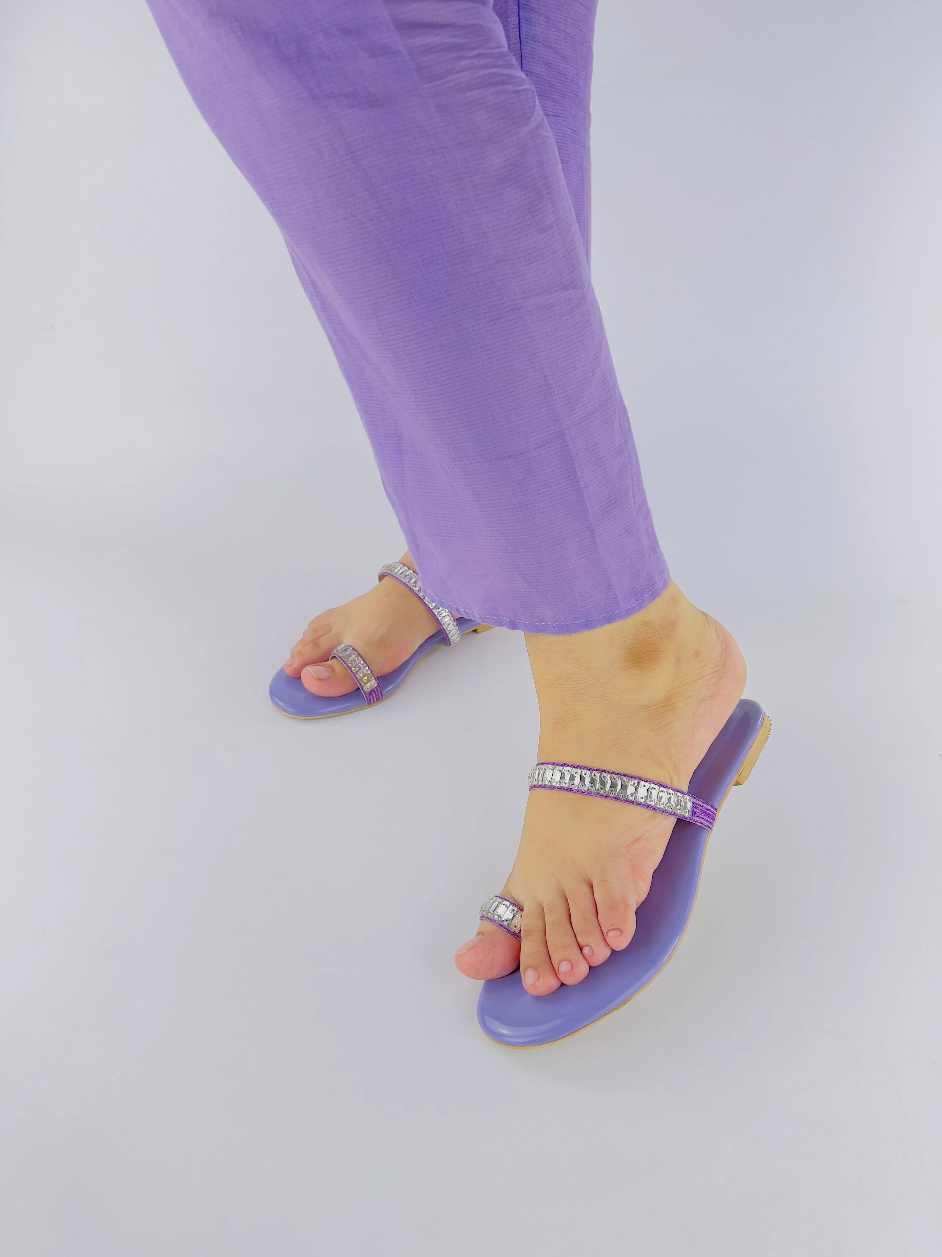 Spunkz Lilac Sparkling Crystal Chain Embellished Formal Thong Sandals 11074