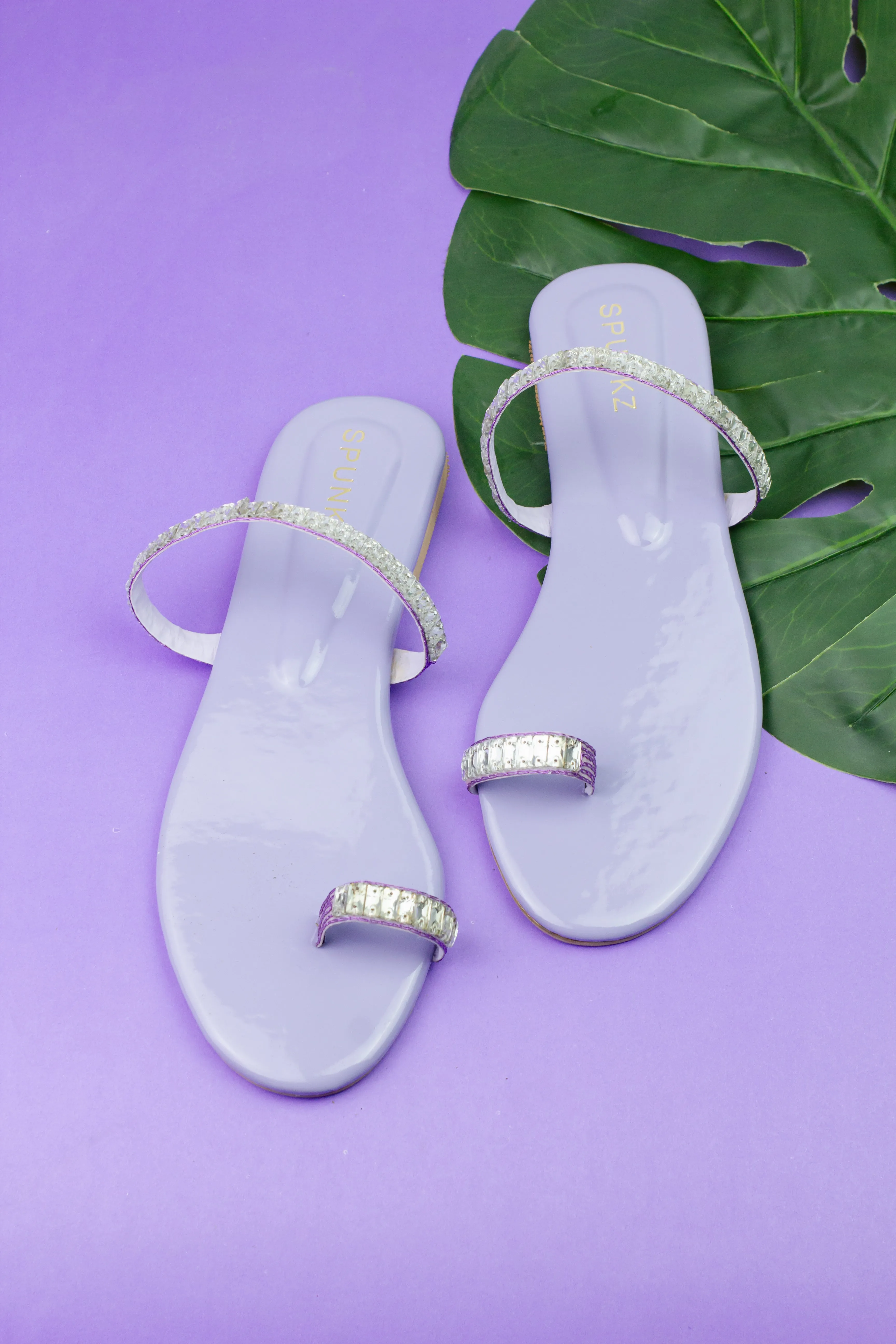 Spunkz Lilac Sparkling Crystal Chain Embellished Formal Thong Sandals 11074