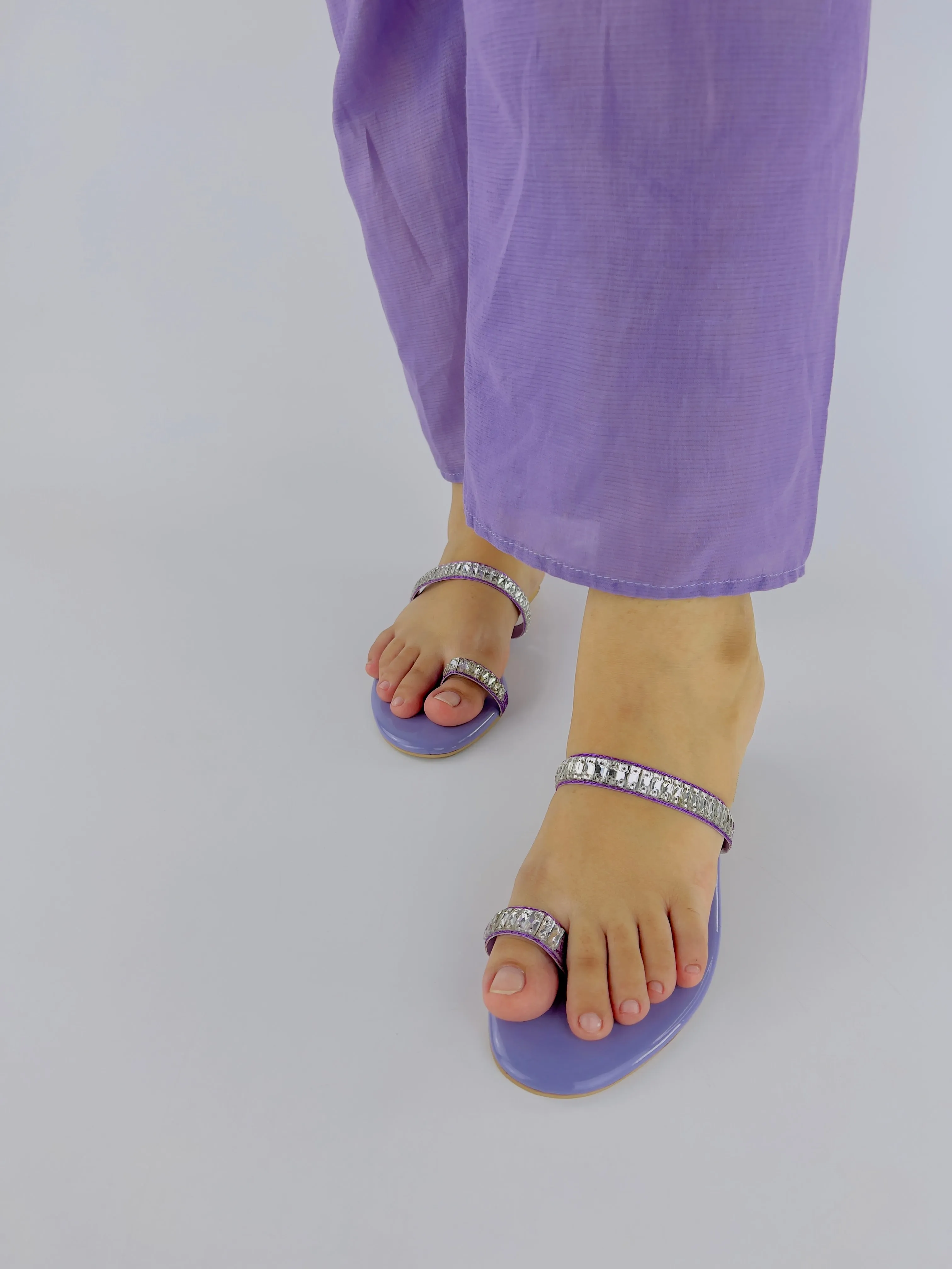 Spunkz Lilac Sparkling Crystal Chain Embellished Formal Thong Sandals 11074