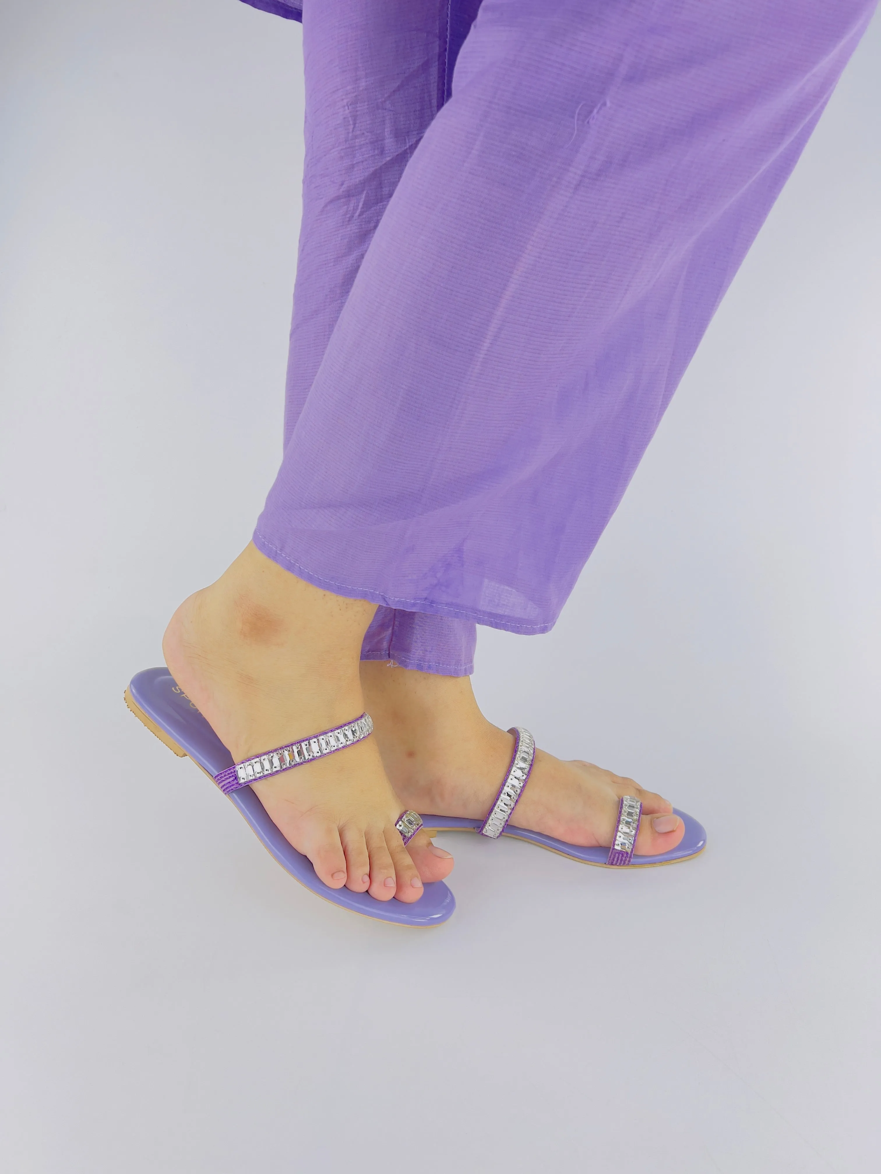 Spunkz Lilac Sparkling Crystal Chain Embellished Formal Thong Sandals 11074