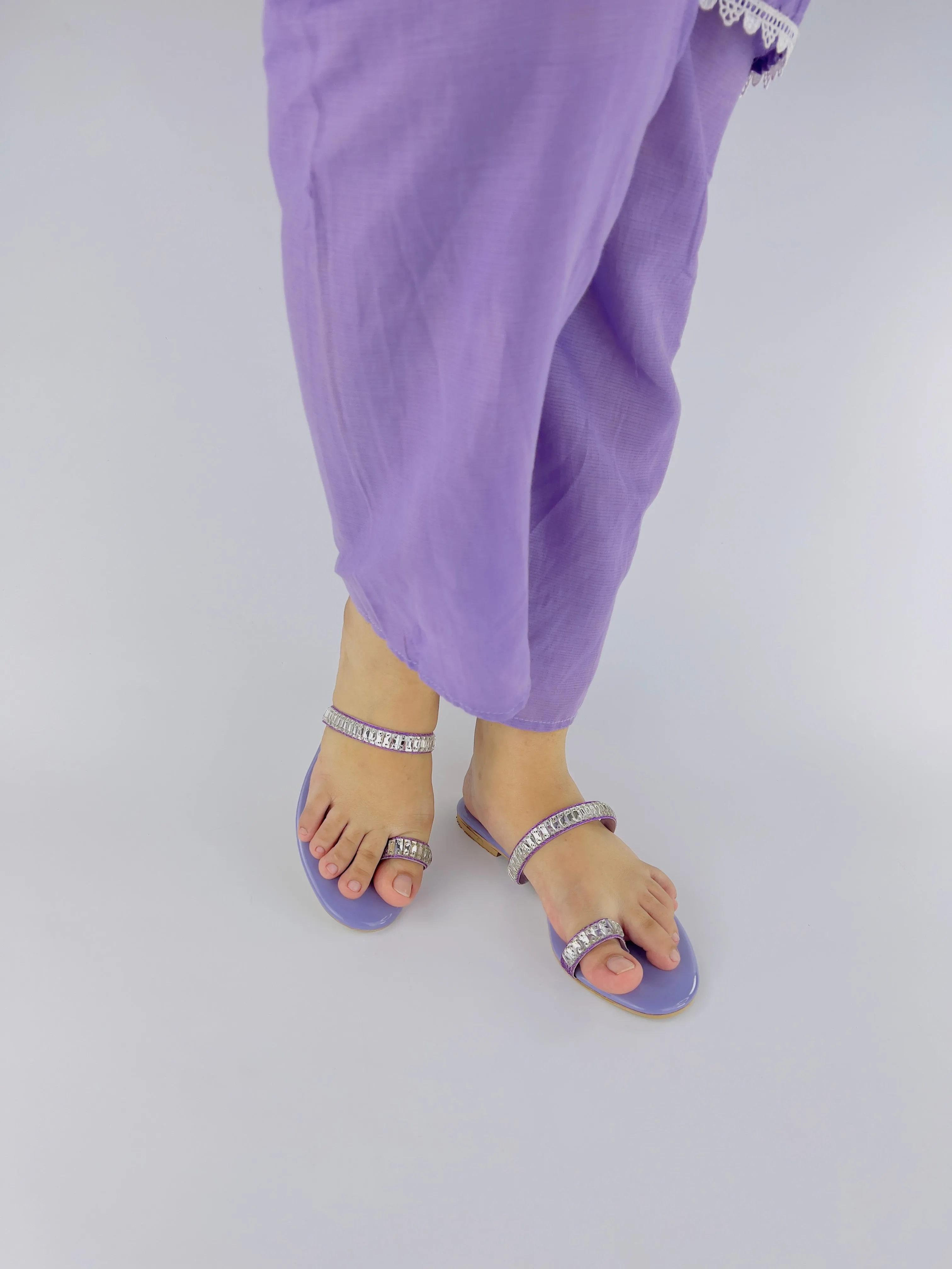 Spunkz Lilac Sparkling Crystal Chain Embellished Formal Thong Sandals 11074