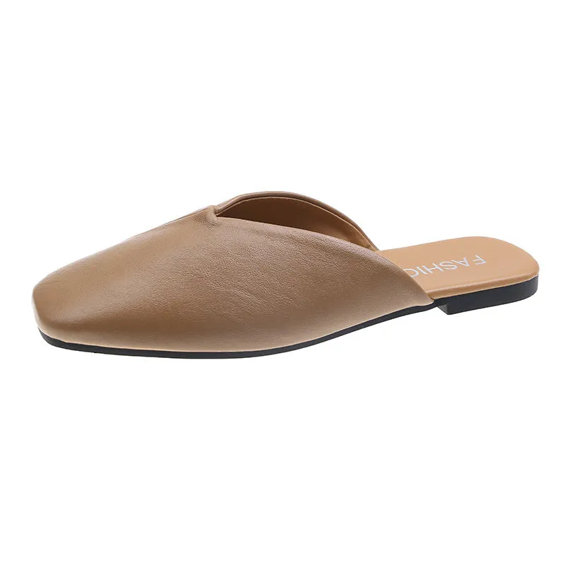 Square Toe Cap Half Slippers Women's Flat Plus Size Sandals