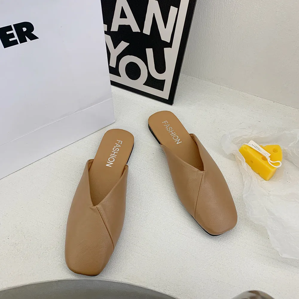Square Toe Cap Half Slippers Women's Flat Plus Size Sandals