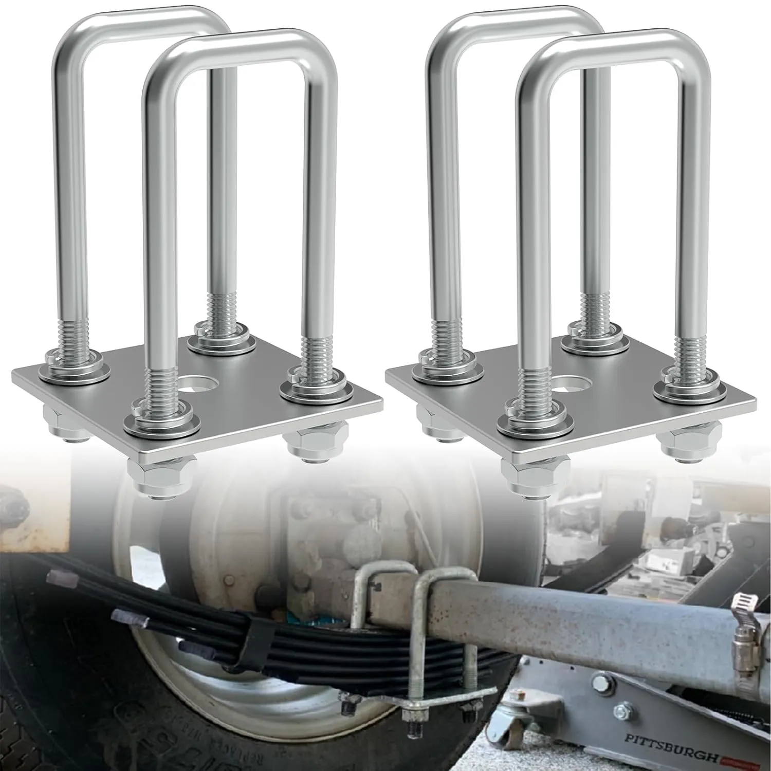 Square U-Bolt Kit for Boat Trailer Mounting Axle Leaf Springs Zinc(4 U-Bolt   2 Plate),Heavy Duty Square U-Bolts with Nuts and Frame Plate for Trailer Automobiles Trailer (2 1/4" W x 6 3/10" L)