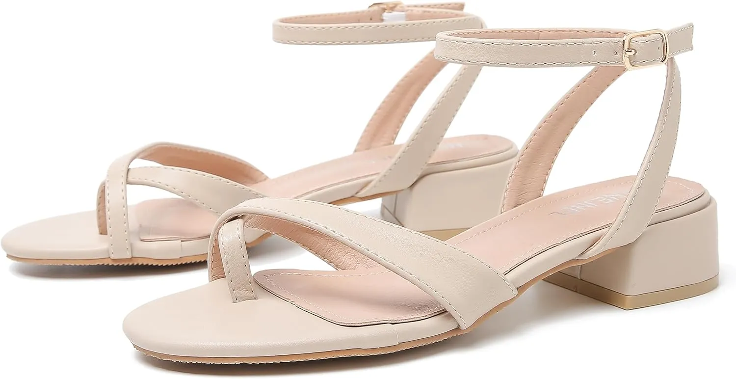 Strappy Sandals Women Dressy Summer Flat Low Block Heeled Thong Sandal Open Split Toe Shoes for Wedding Evening Party