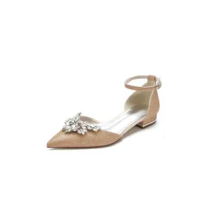 Stretch Glitter With Ankle Strap Rhinestone Pointed Toe Flat Heel Party Shoes
