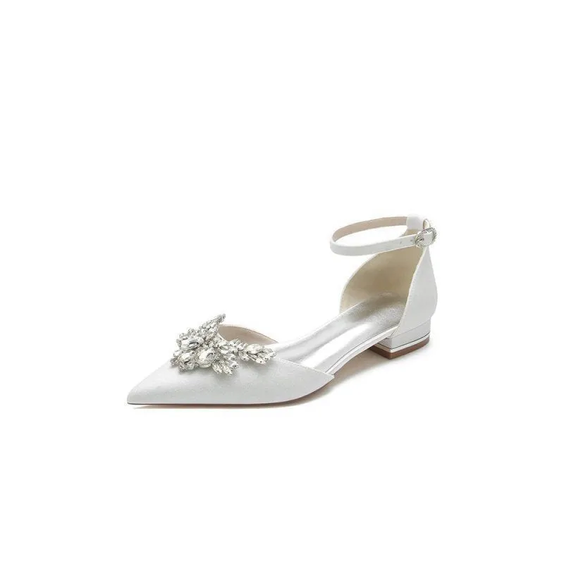 Stretch Glitter With Ankle Strap Rhinestone Pointed Toe Flat Heel Party Shoes