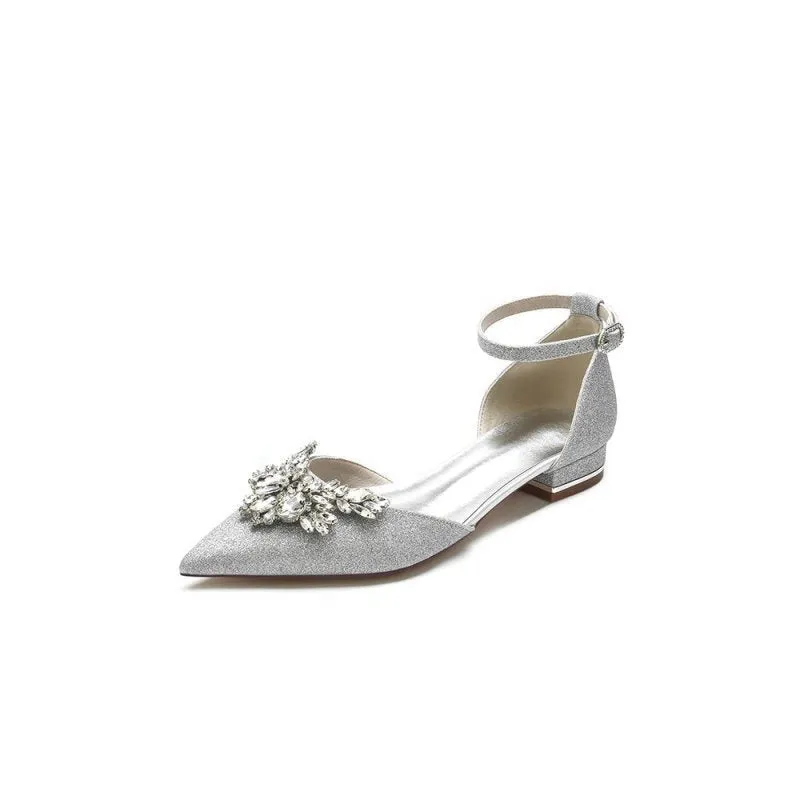 Stretch Glitter With Ankle Strap Rhinestone Pointed Toe Flat Heel Party Shoes