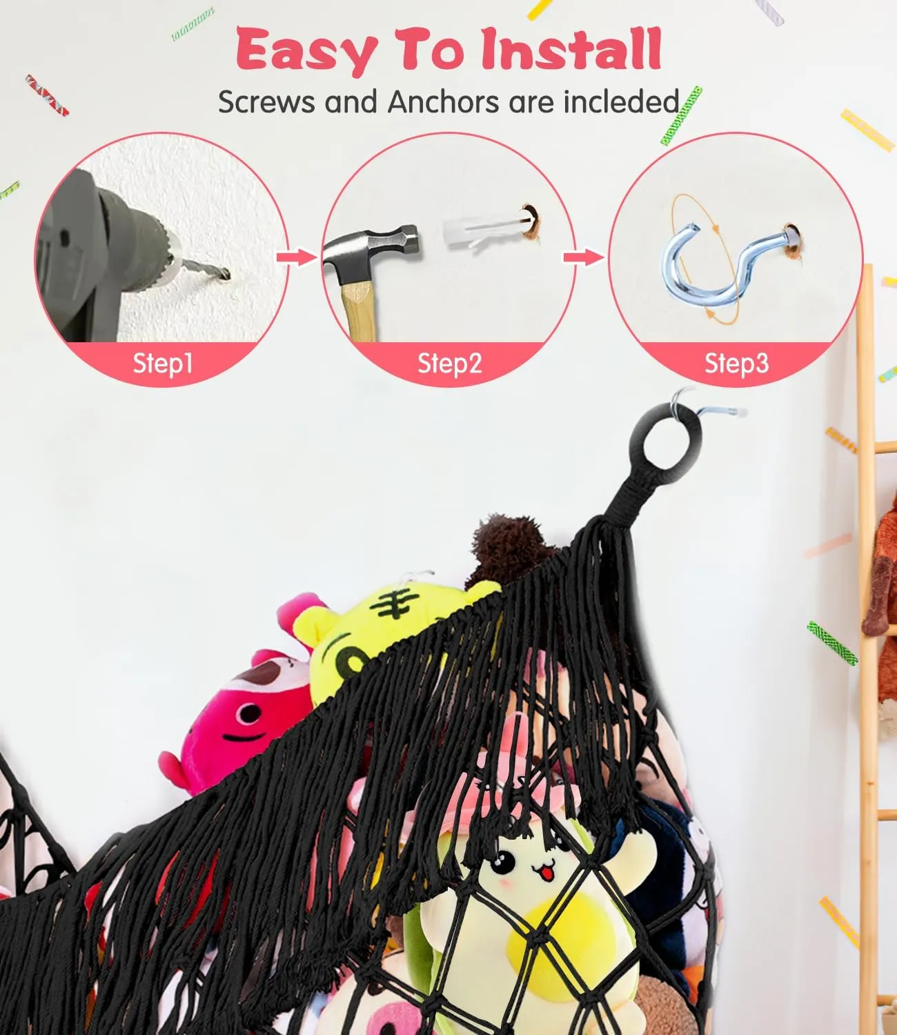 Stuffed Animal Hammock - Extra Large 56'' Long, Stuffed Animal Storage, stuffed animal Holder net, Toy Hammock Large, Toy Storage Hanging Organizer - Black