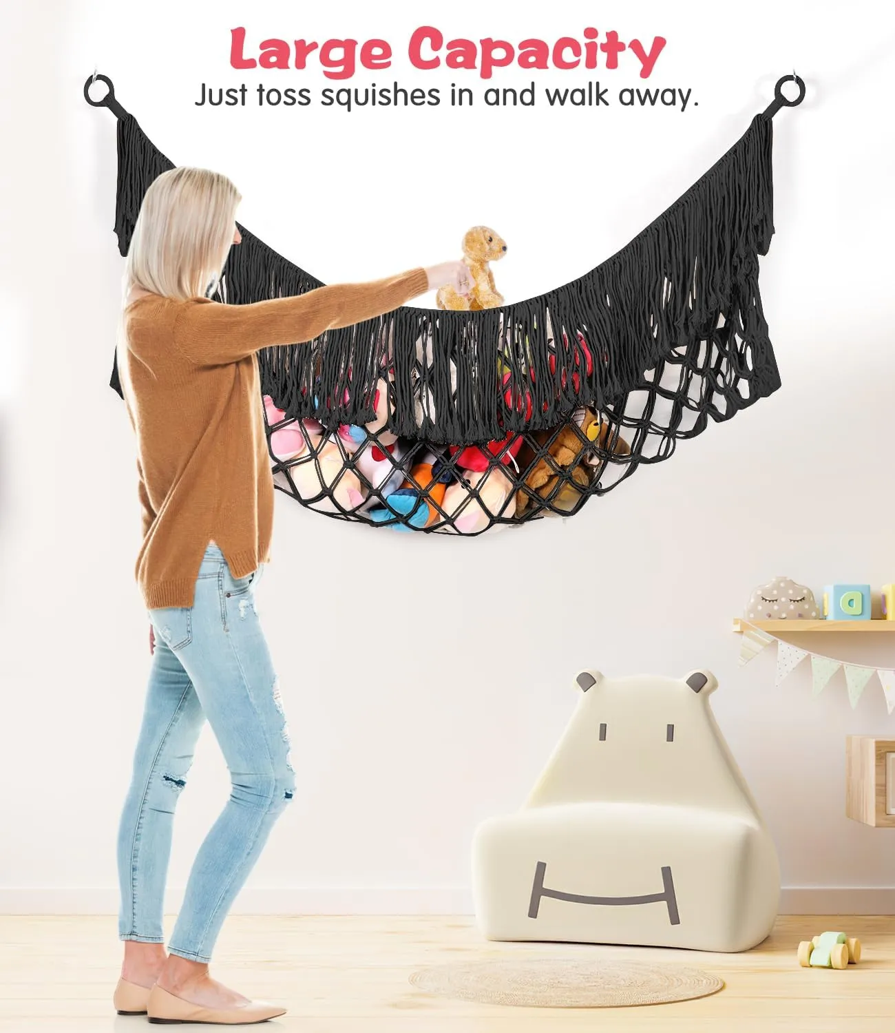 Stuffed Animal Hammock - Extra Large 56'' Long, Stuffed Animal Storage, stuffed animal Holder net, Toy Hammock Large, Toy Storage Hanging Organizer - Black