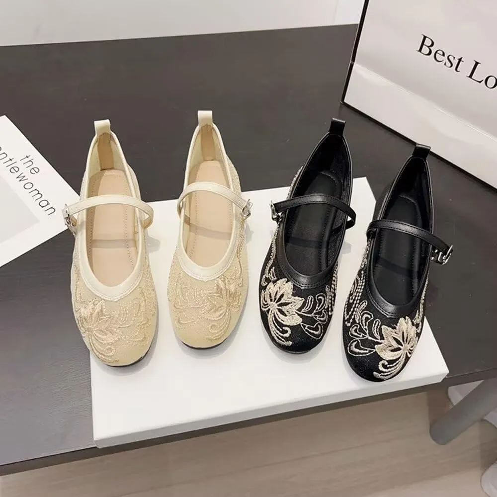 Stunner Womens Mary Jane Flats Round Toe Ballet Flats Stylish Leather Flats One Line Strap Slip On Flat Shoes