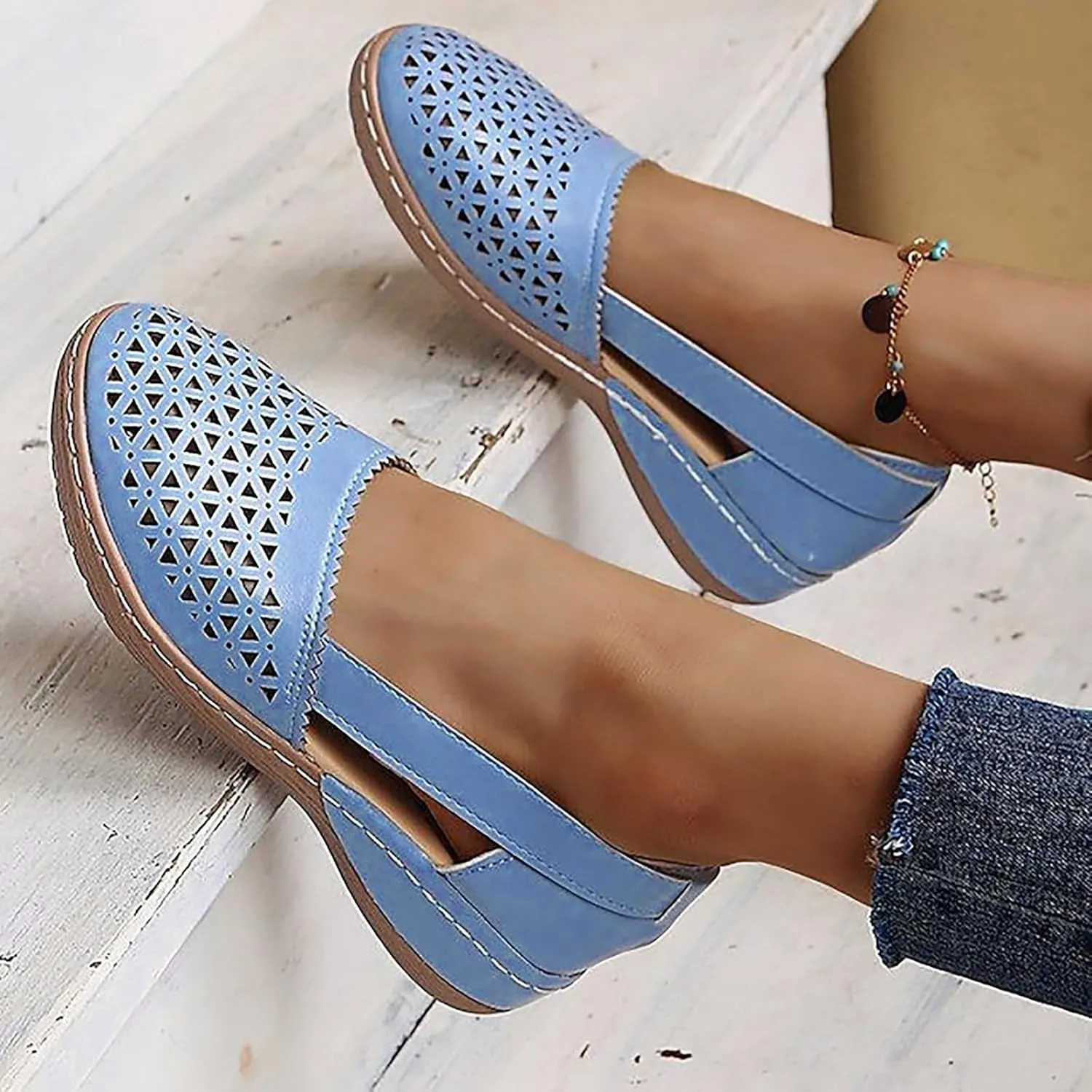 SuanlaTDS Orthopedic Loafers for Women 2025 Wedge Summer Sandals Comfortable Hollow Out Slip-on Slides Flats Closed Toe Dressy Outdoor Walking Sandal Flat Low Heel Work Shoes