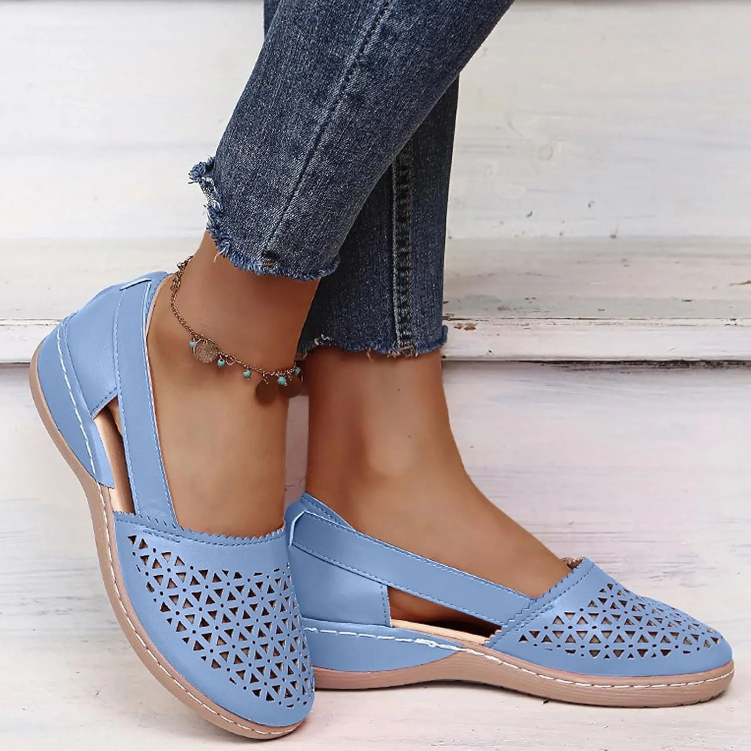SuanlaTDS Orthopedic Loafers for Women 2025 Wedge Summer Sandals Comfortable Hollow Out Slip-on Slides Flats Closed Toe Dressy Outdoor Walking Sandal Flat Low Heel Work Shoes