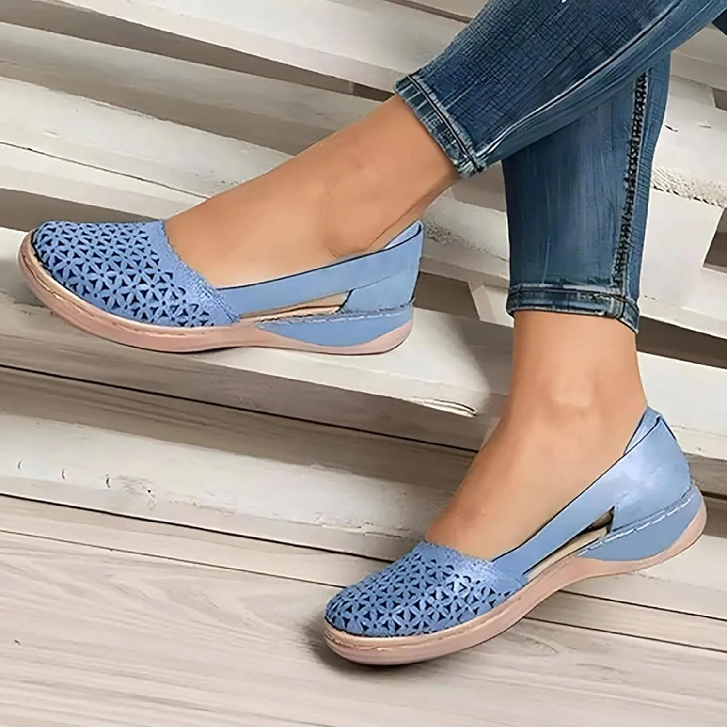 SuanlaTDS Orthopedic Loafers for Women 2025 Wedge Summer Sandals Comfortable Hollow Out Slip-on Slides Flats Closed Toe Dressy Outdoor Walking Sandal Flat Low Heel Work Shoes