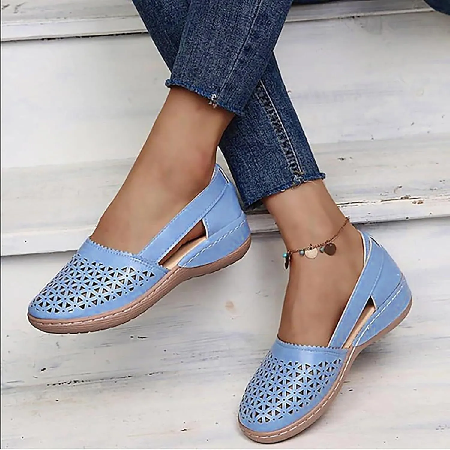 SuanlaTDS Orthopedic Loafers for Women 2025 Wedge Summer Sandals Comfortable Hollow Out Slip-on Slides Flats Closed Toe Dressy Outdoor Walking Sandal Flat Low Heel Work Shoes
