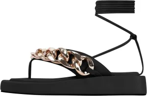 Summer Beach T-Strap Sandals Trendy Women Chain-Linked Lace Up Low Heel Wedge Flats Soft Walking Footwear