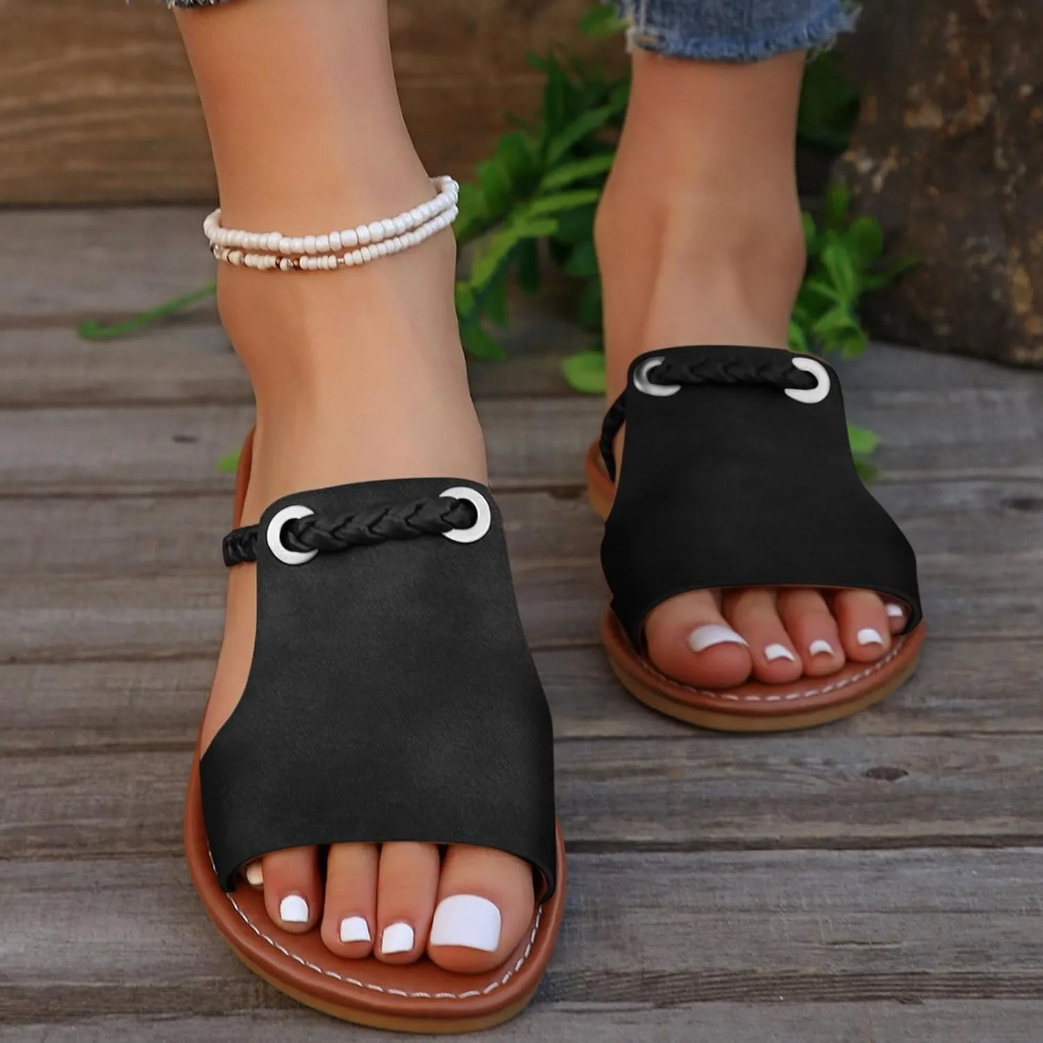 Summer Shoes Women Flat Slides for Woman Cute Slip on Stylish Braided Strap Open Toe Slide Sandals for Dressy Casual