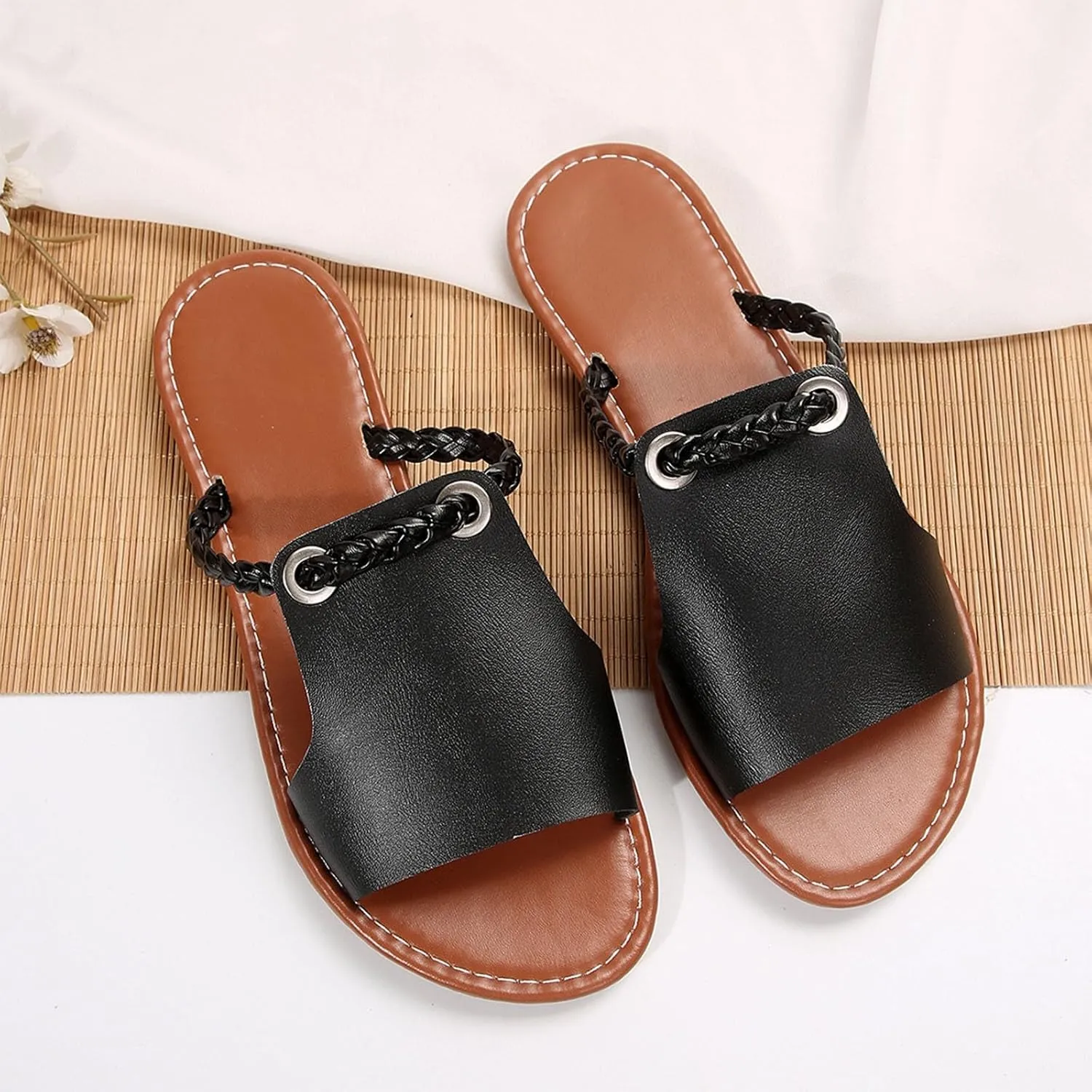 Summer Shoes Women Flat Slides for Woman Cute Slip on Stylish Braided Strap Open Toe Slide Sandals for Dressy Casual