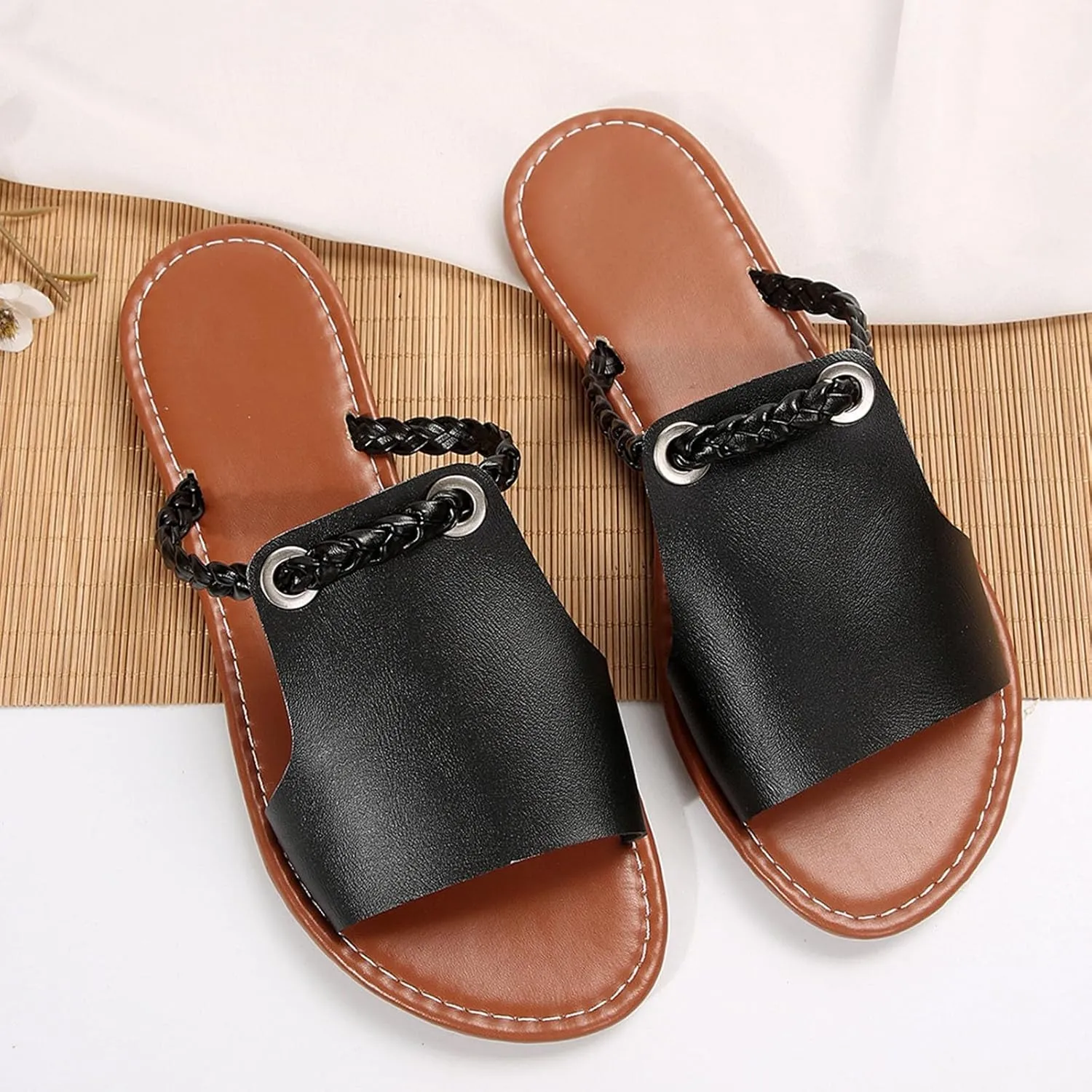 Summer Shoes Women Flat Slides for Woman Cute Slip on Stylish Braided Strap Open Toe Slide Sandals for Dressy Casual