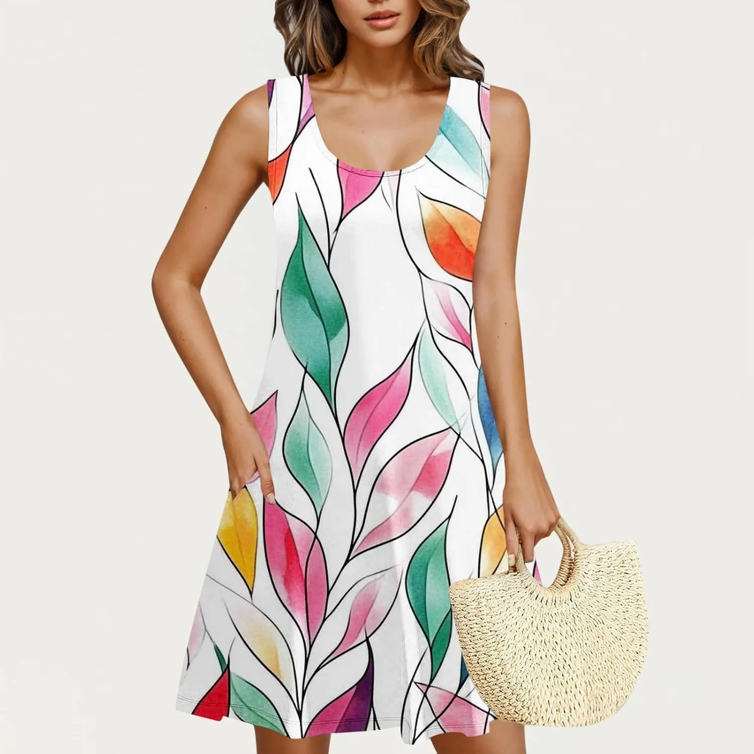 Sundresses for Women 2025 Summer Floral Sleeveless Fashion Dresses Square Neck Loose Casual Maxi Flowy Beach Dress