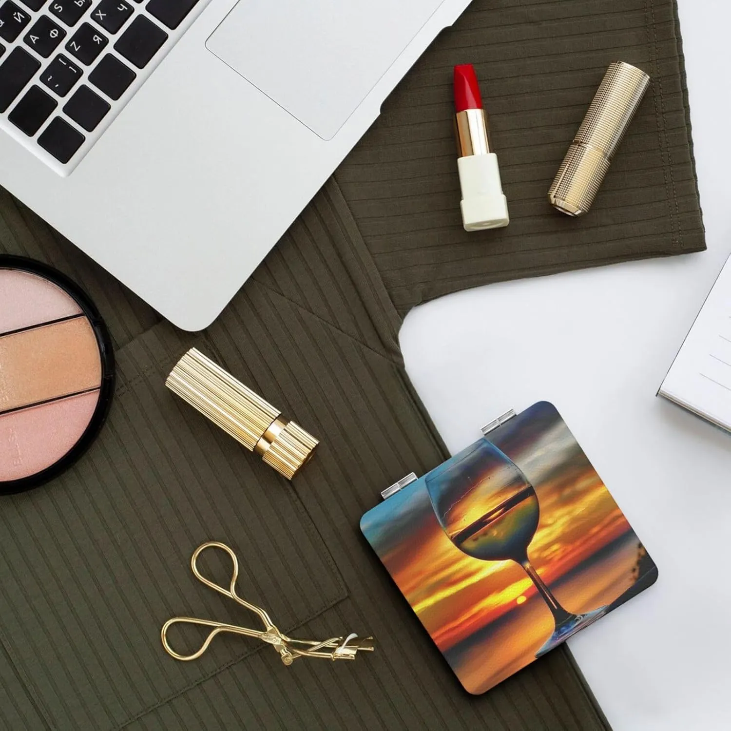 Sunset Wine Glass Printed Square Pocket Makeup Mirror with 1X/2X Magnification, Portable Mini Travel Makeup Mirror for Travel Daily Work Beauty
