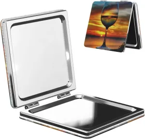 Sunset Wine Glass Printed Square Pocket Makeup Mirror with 1X/2X Magnification, Portable Mini Travel Makeup Mirror for Travel Daily Work Beauty