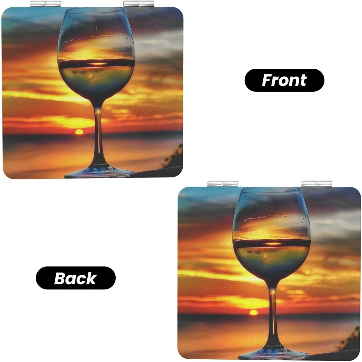Sunset Wine Glass Printed Square Pocket Makeup Mirror with 1X/2X Magnification, Portable Mini Travel Makeup Mirror for Travel Daily Work Beauty