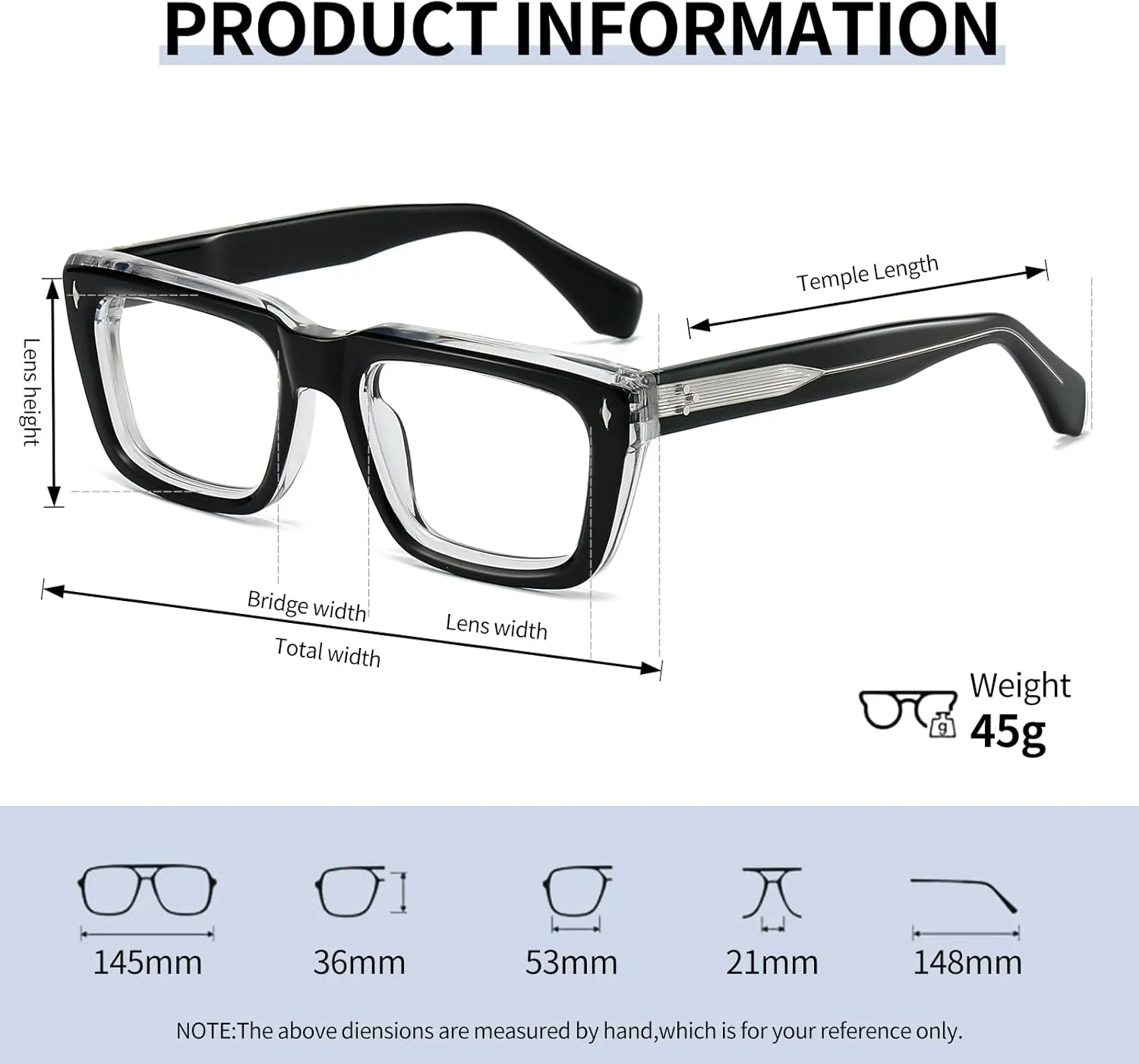 Sutton Retro Rectangle Acetate Thick Glasses Frame Prescription Optical Eyewear for Women Men 53-21-148mm