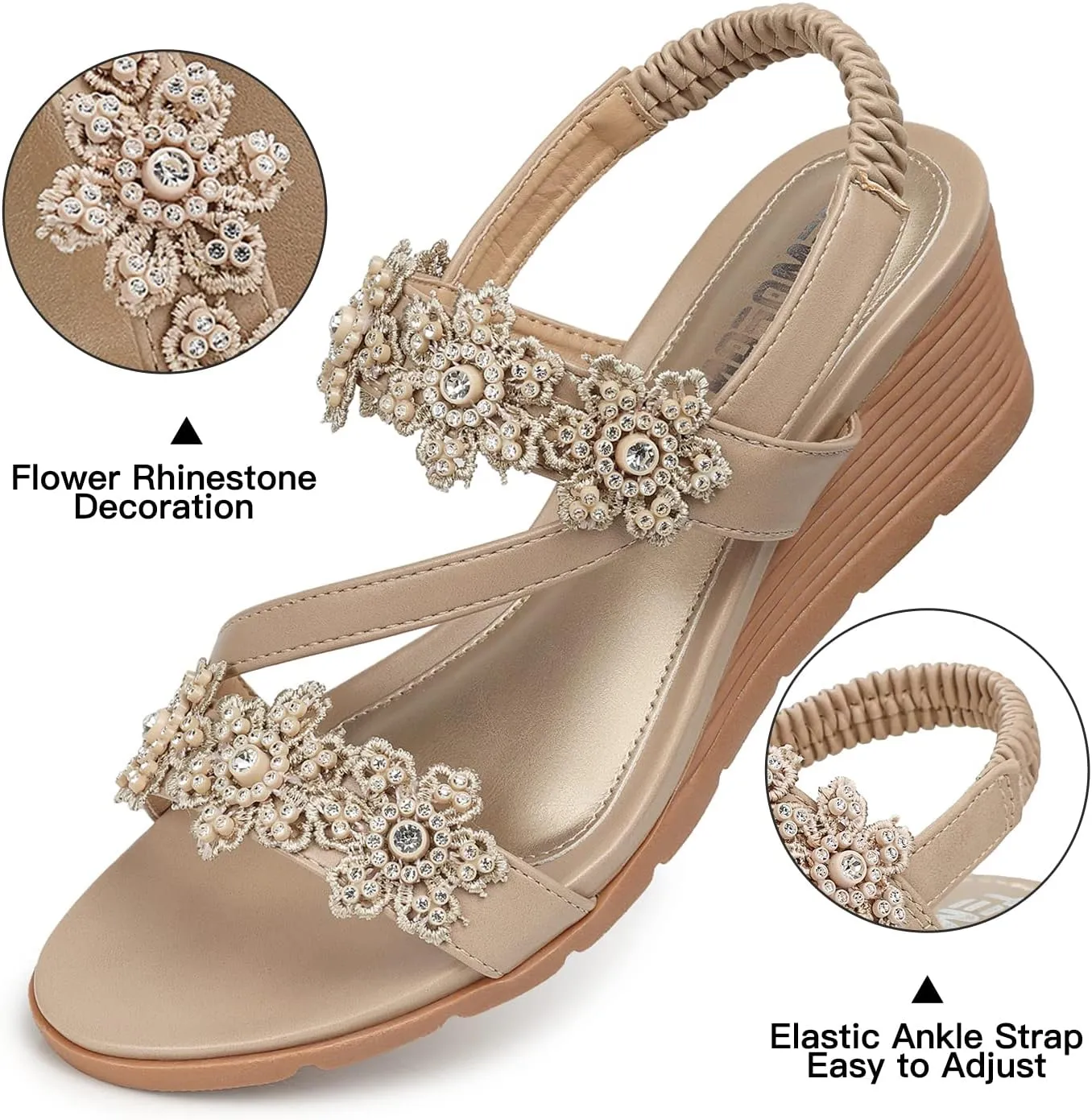 TEMOFON Wedge Sandals for Women Dressy: Summer Open Toe Elastic Ankle Strap - Comfortable Bohemian Low Wedge Sandals