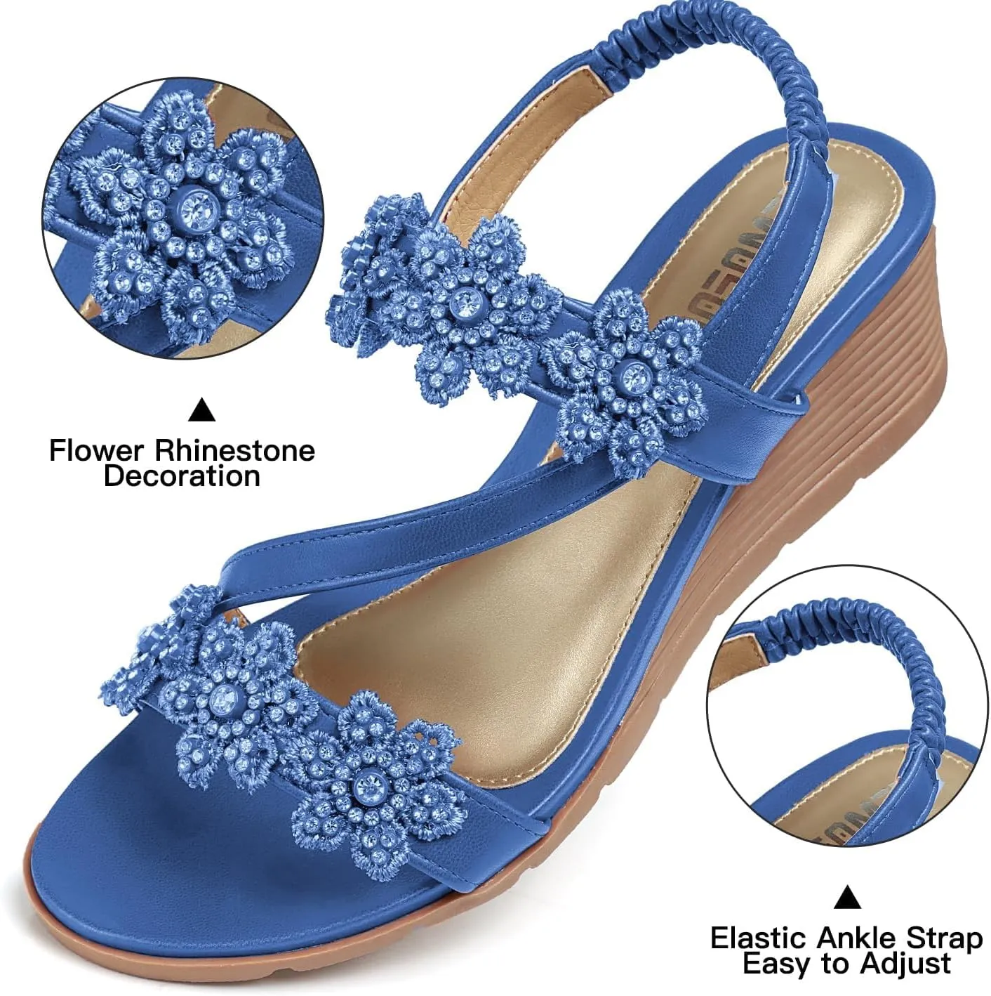 TEMOFON Wedge Sandals for Women Dressy: Summer Open Toe Elastic Ankle Strap - Comfortable Bohemian Low Wedge Sandals