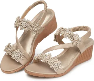 TEMOFON Wedge Sandals for Women Dressy: Summer Open Toe Elastic Ankle Strap - Comfortable Bohemian Low Wedge Sandals