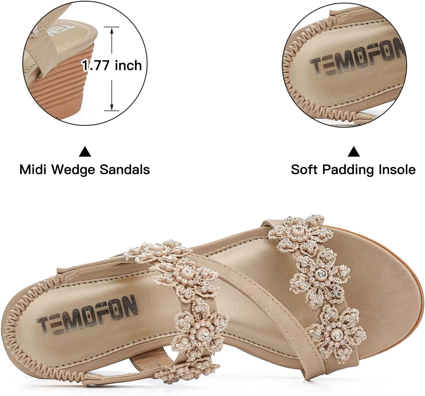 TEMOFON Wedge Sandals for Women Dressy: Summer Open Toe Elastic Ankle Strap - Comfortable Bohemian Low Wedge Sandals